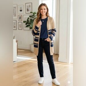 Talbots Women's X Small Tan Blue Stripe Cotton Knit Cardigan Sweater Set Lot XS